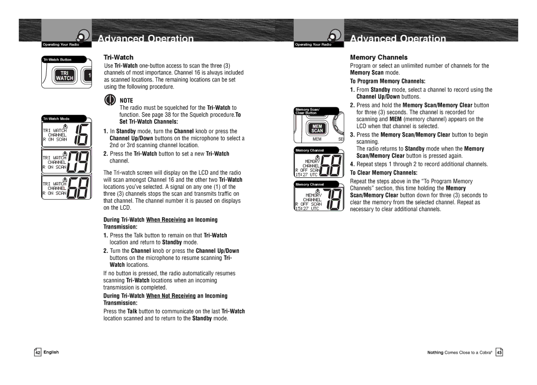 Cobra Electronics MR F80B-D owner manual AdvancedProduct FeaturesOperation, Advanced Operation, Tri-Watch, Memory Channels 