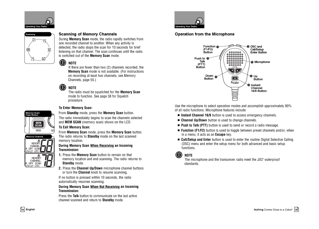 Cobra Electronics MR F80B-D Scanning of Memory Channels, Operation from the Microphone, To Enter Memory Scan, Standby mode 