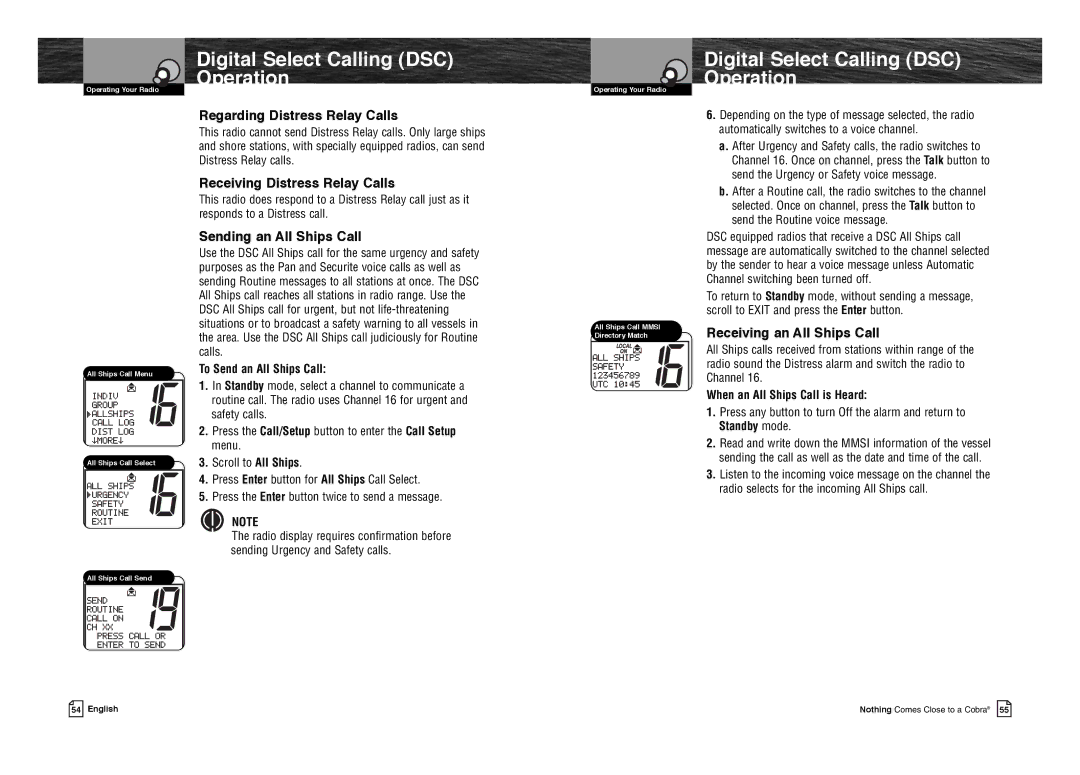 Cobra Electronics MR F80B-D Regarding Distress Relay Calls, Receiving Distress Relay Calls, Sending an All Ships Call 