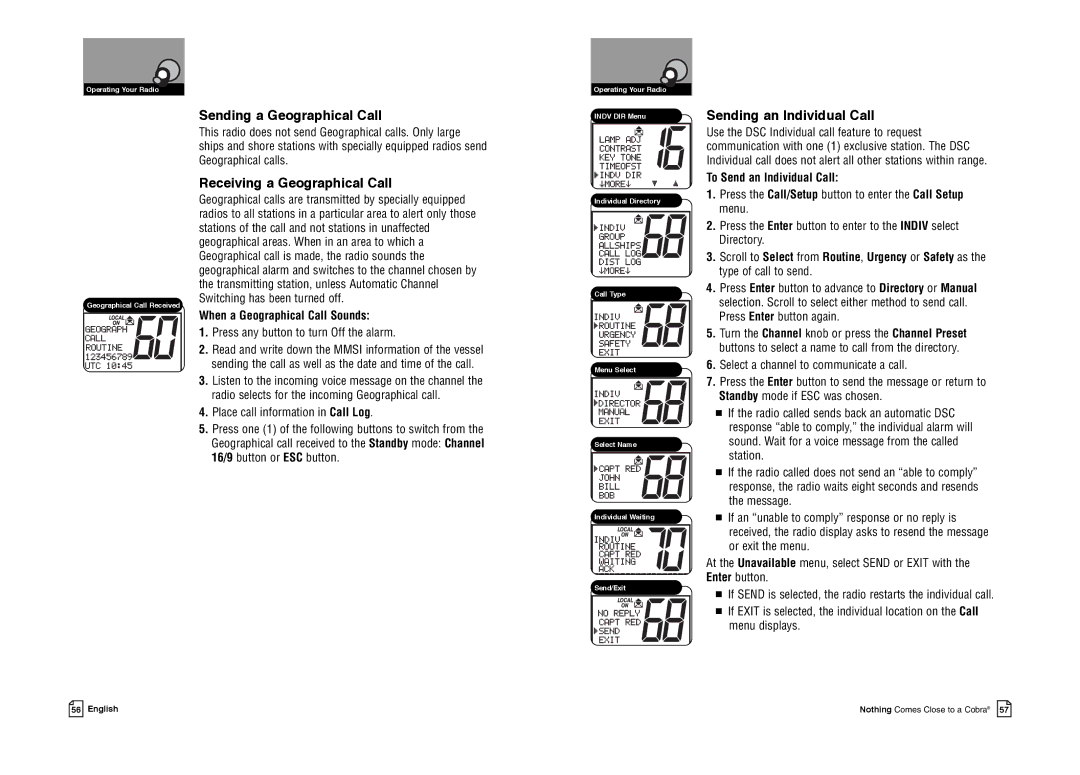 Cobra Electronics MR F80B-D Sending a Geographical Call, Receiving a Geographical Call, Sending an Individual Call 