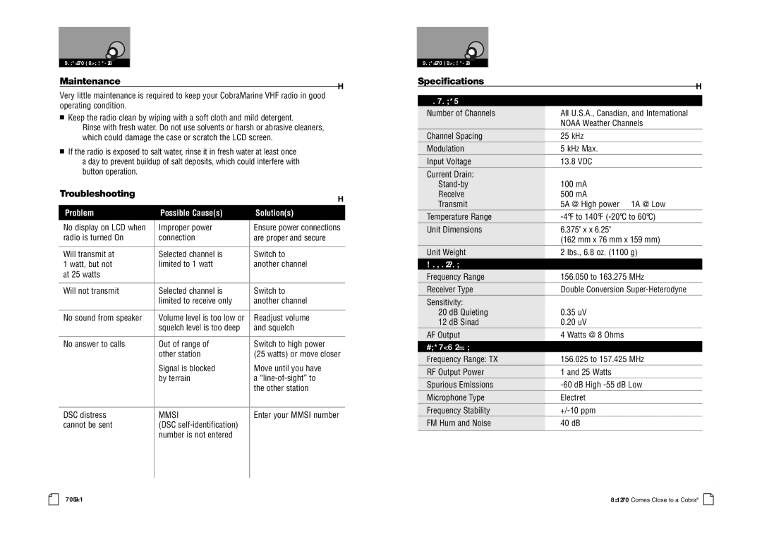 Cobra Electronics MR F80B-D owner manual Maintenance Troubleshooting, Specifications 