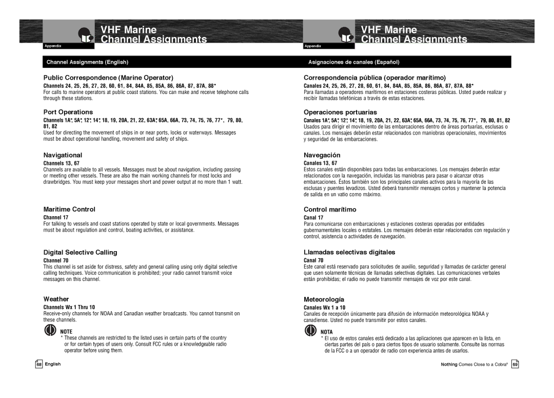 Cobra Electronics MR F80B-D owner manual VHF Marine Channel Assignments 