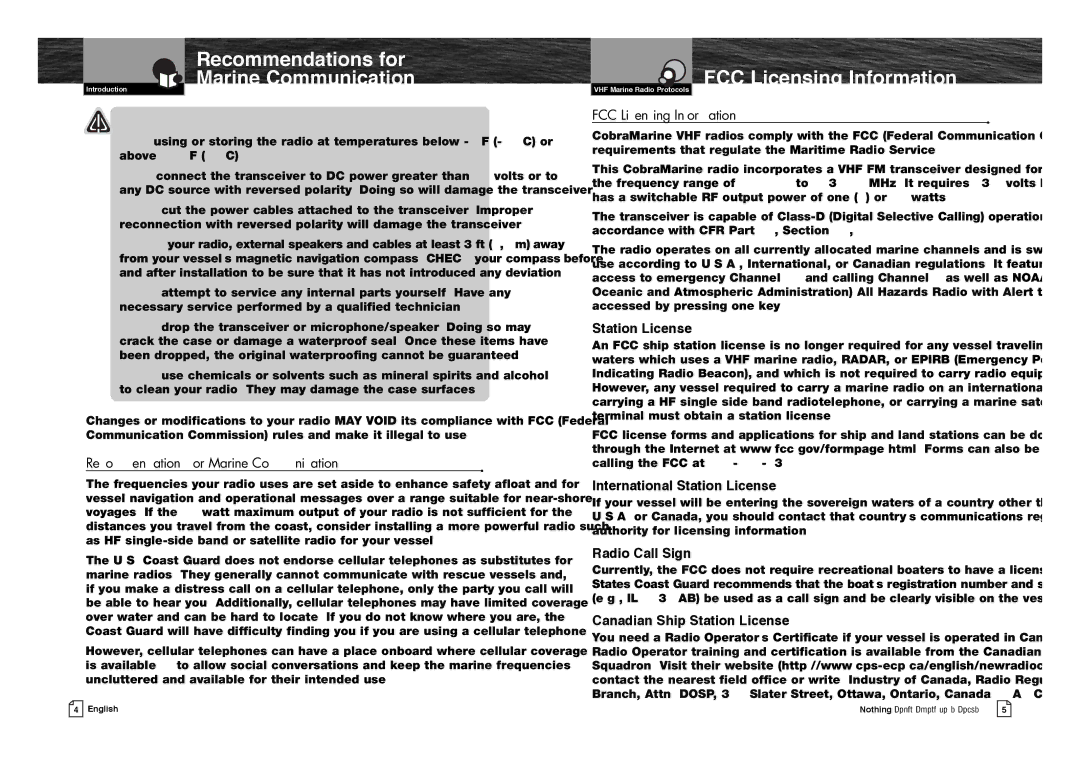 Cobra Electronics MR F80B-D owner manual FCC Licensing Information, Recommendations for Marine Communication 