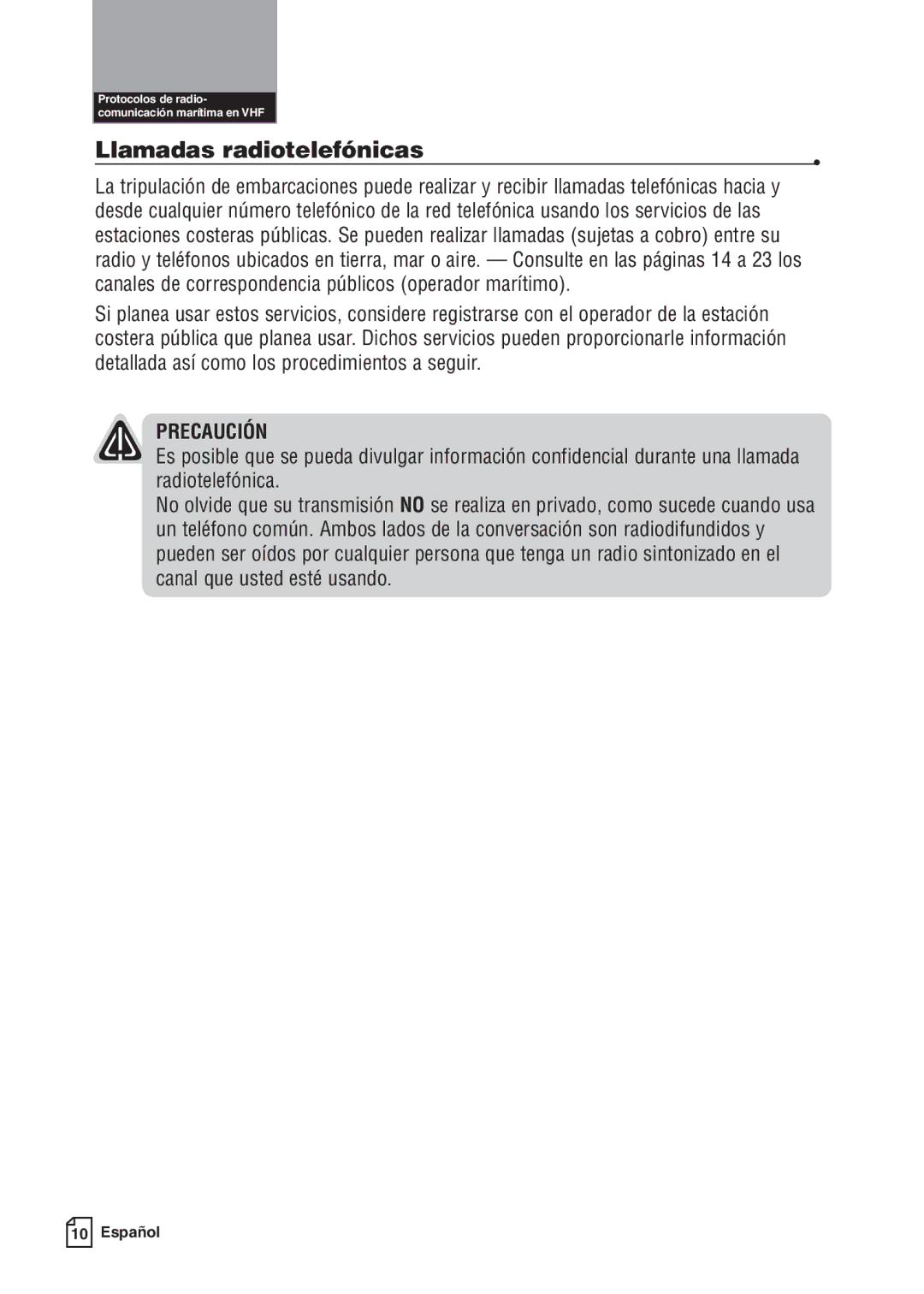 Cobra Electronics MR F80B warranty Llamadas radiotelefónicas 