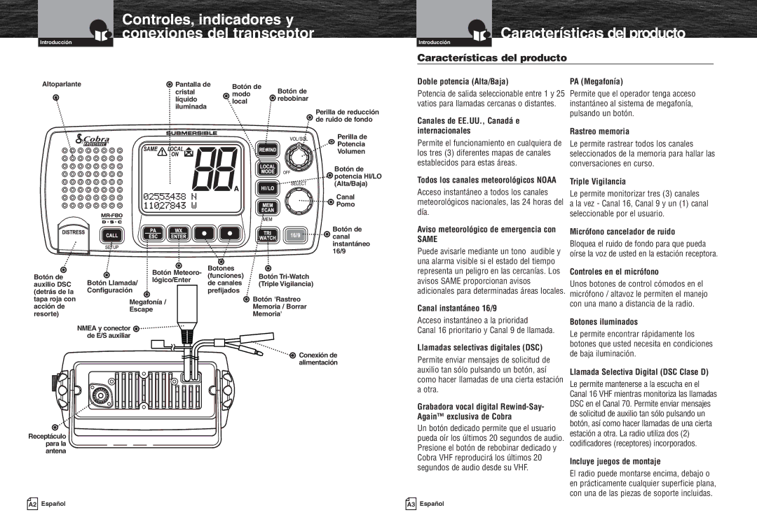 Cobra Electronics MR F80B warranty Características del producto 