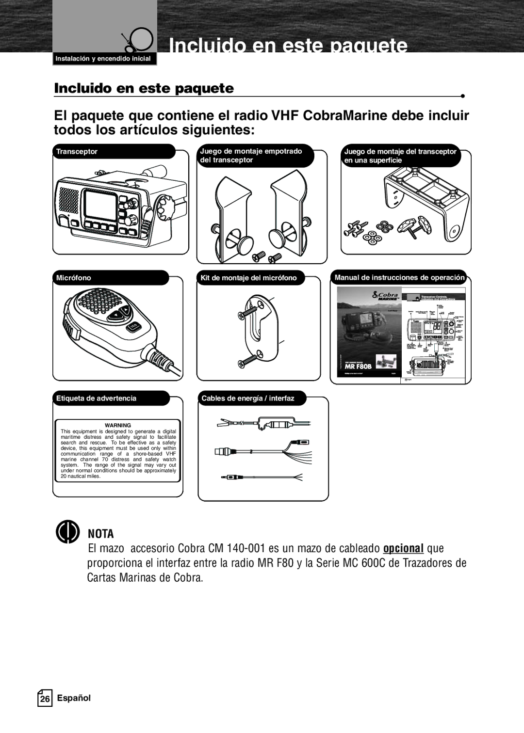 Cobra Electronics MR F80B warranty Incluido en este paquete, Etiqueta de advertencia 