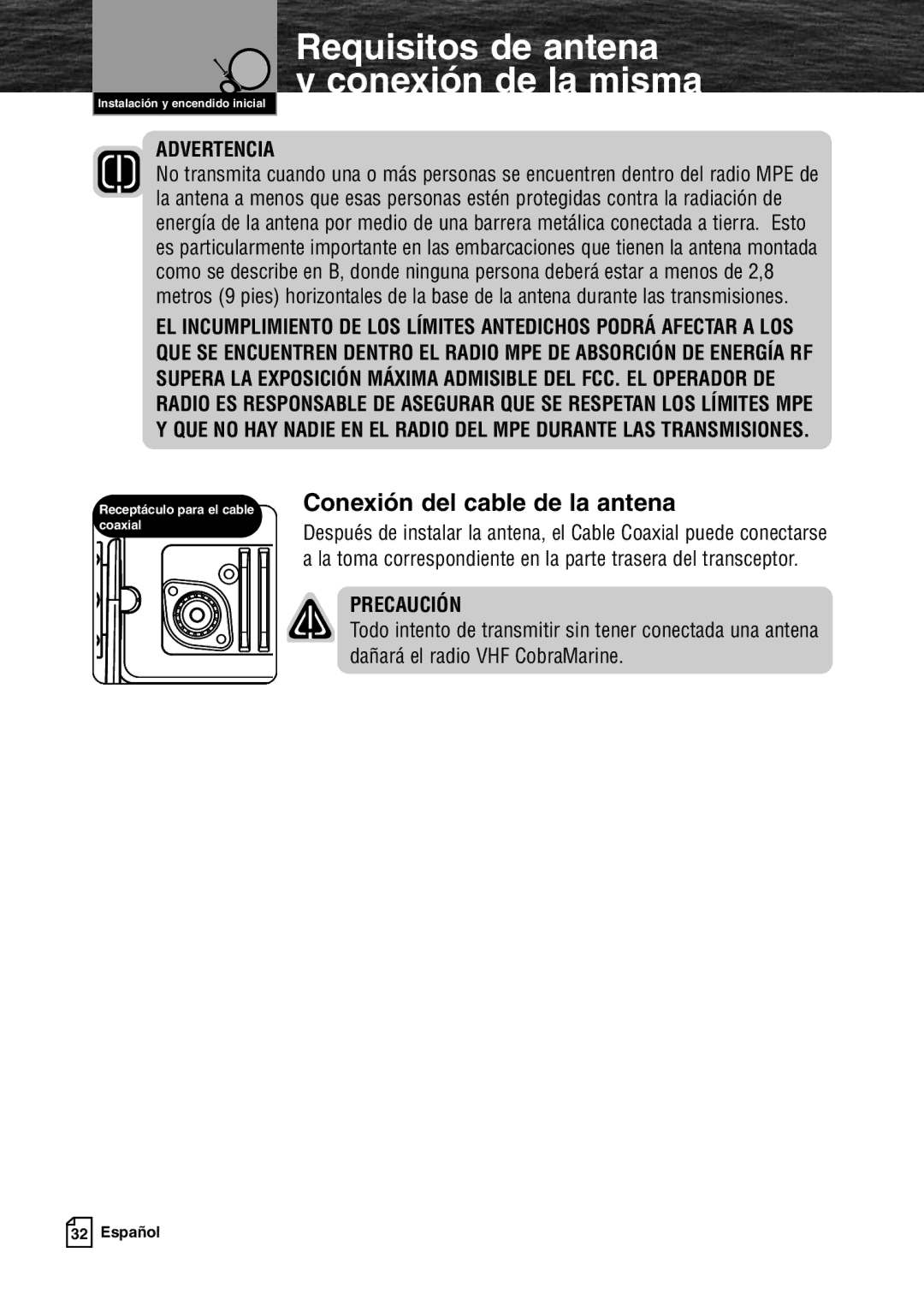 Cobra Electronics MR F80B warranty Conexión del cable de la antena 