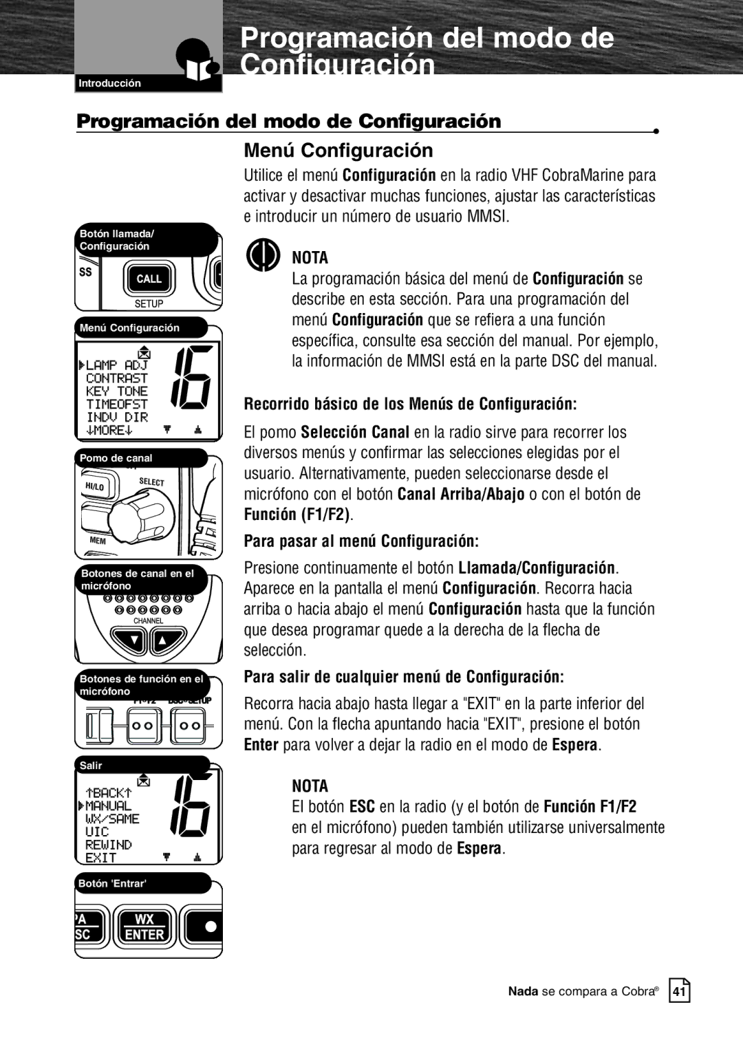 Cobra Electronics MR F80B warranty Programación del modo de Configuración, Recorrido básico de los Menús de Configuración 