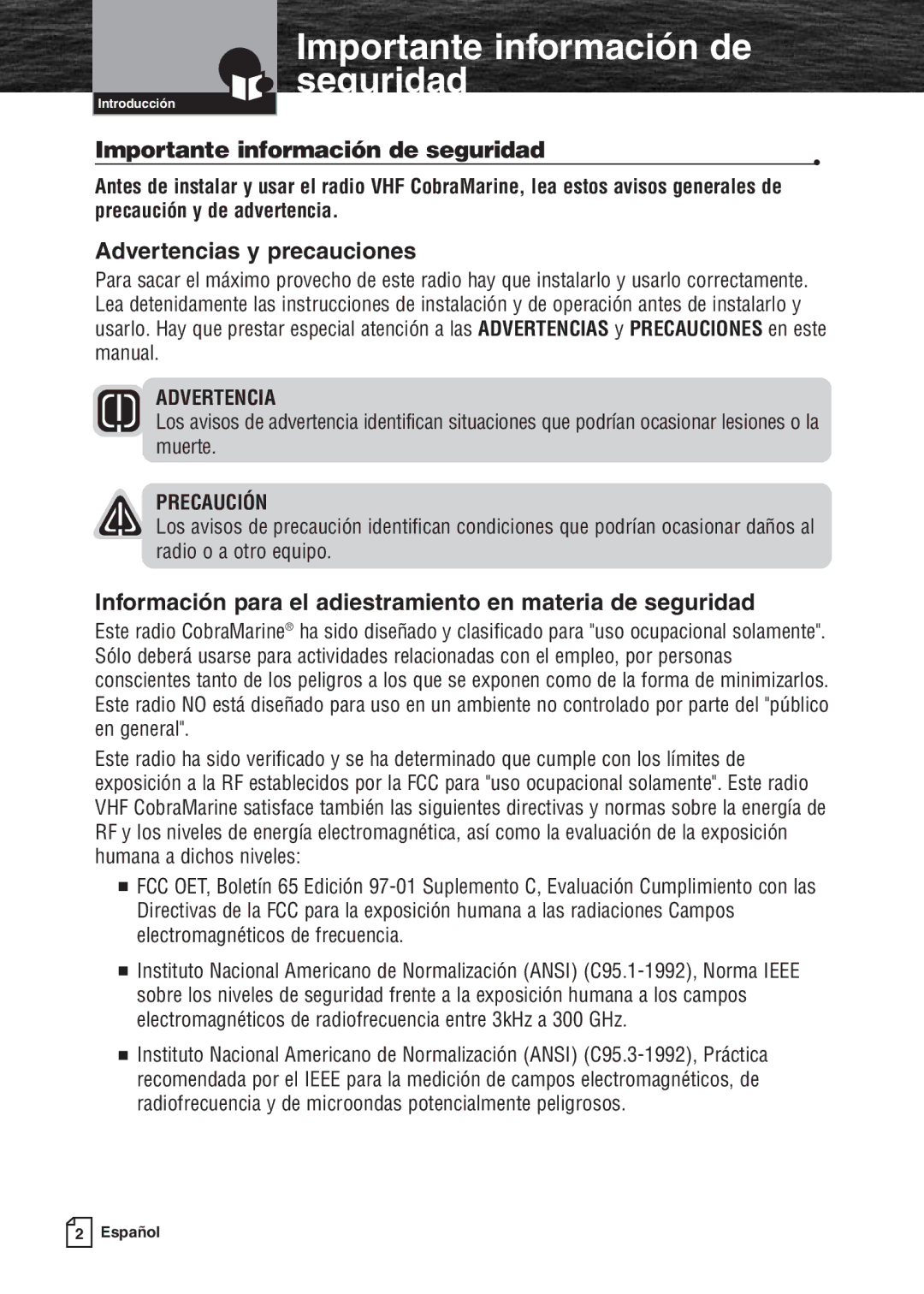 Cobra Electronics MR F80B warranty Importante información de seguridad, Advertencias y precauciones 