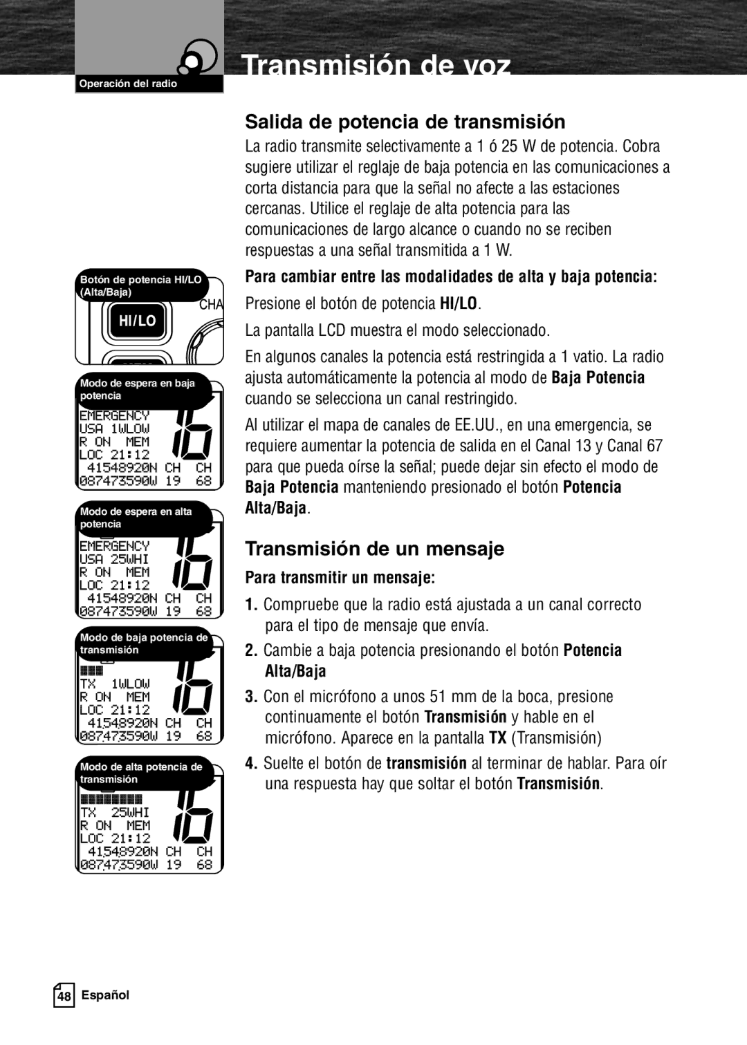 Cobra Electronics MR F80B warranty Transmisión de voz, Salida de potencia de transmisión, Transmisión de un mensaje 