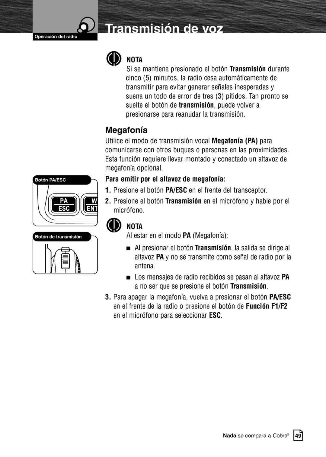 Cobra Electronics MR F80B warranty Megafonía, Para emitir por el altavoz de megafonía 