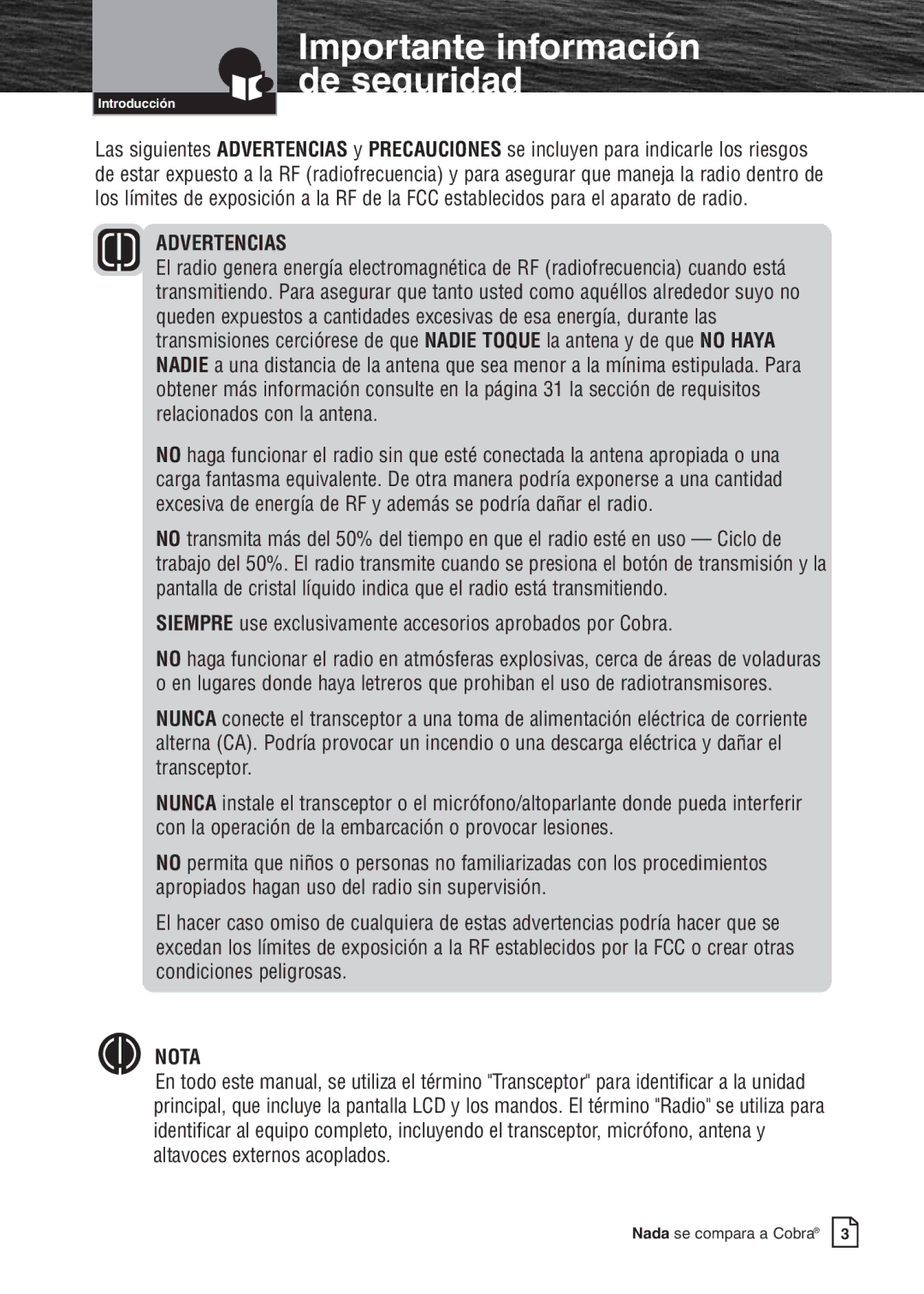 Cobra Electronics MR F80B Importante información de seguridad, Siempre use exclusivamente accesorios aprobados por Cobra 