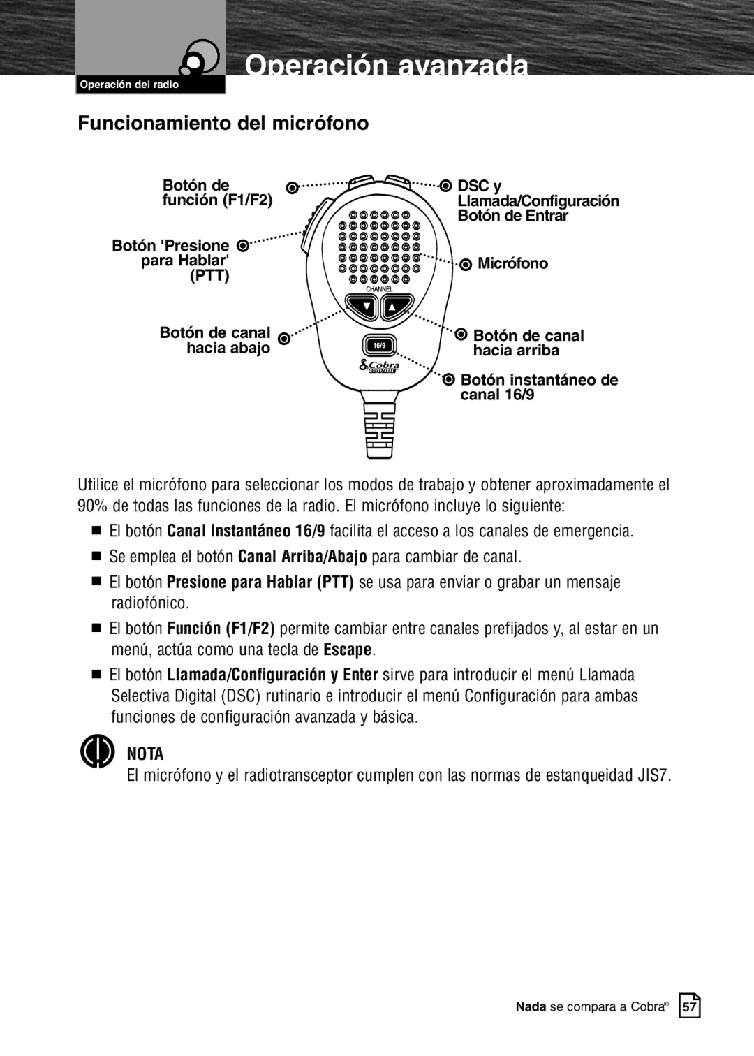 Cobra Electronics MR F80B warranty CaracterísticasOperaciónavanzadadel producto, Funcionamiento del micrófono 