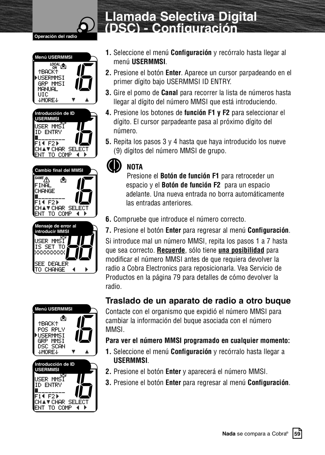 Cobra Electronics MR F80B warranty Traslado de un aparato de radio a otro buque 