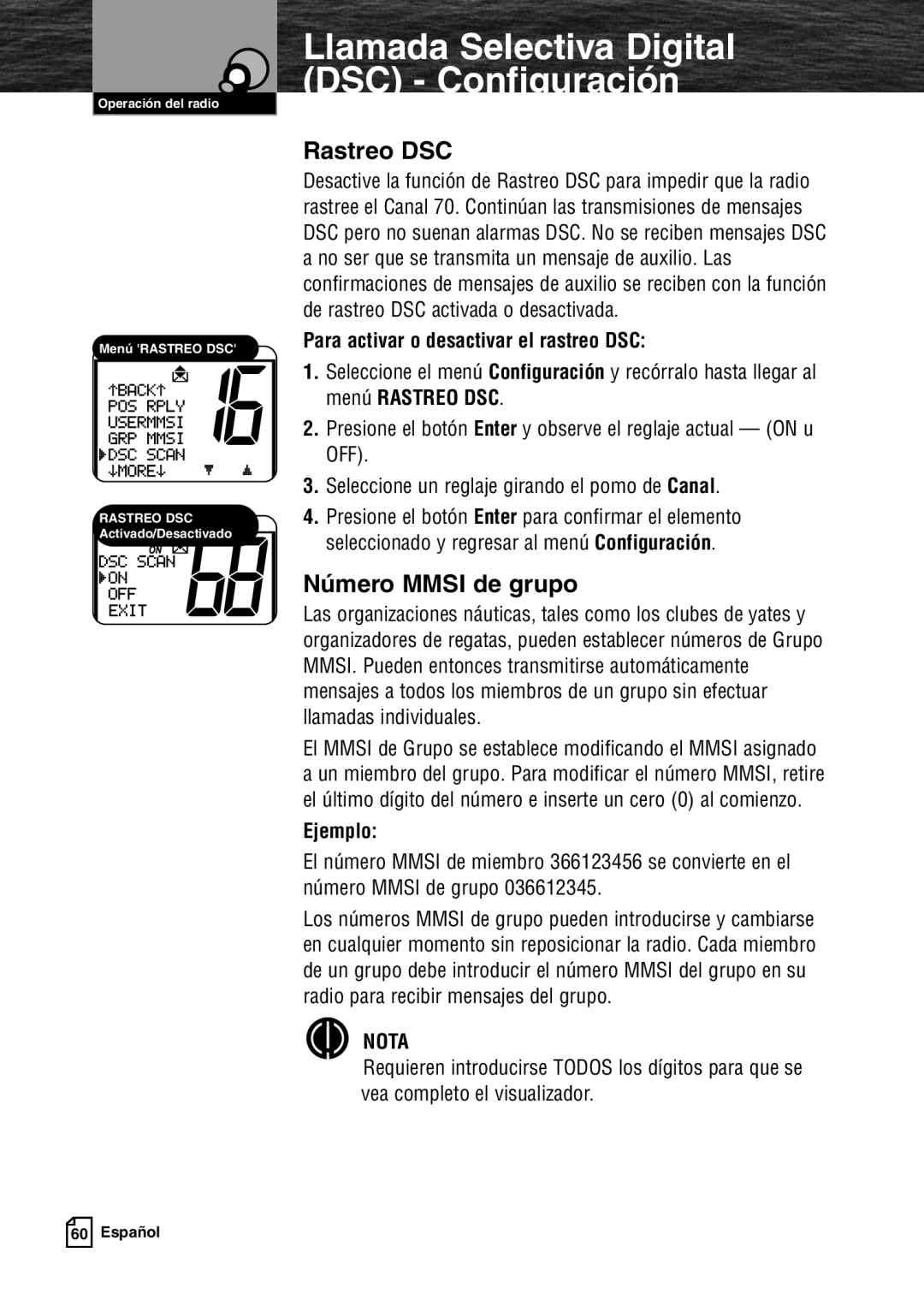 Cobra Electronics MR F80B warranty Rastreo DSC, Número Mmsi de grupo, Para activar o desactivar el rastreo DSC 