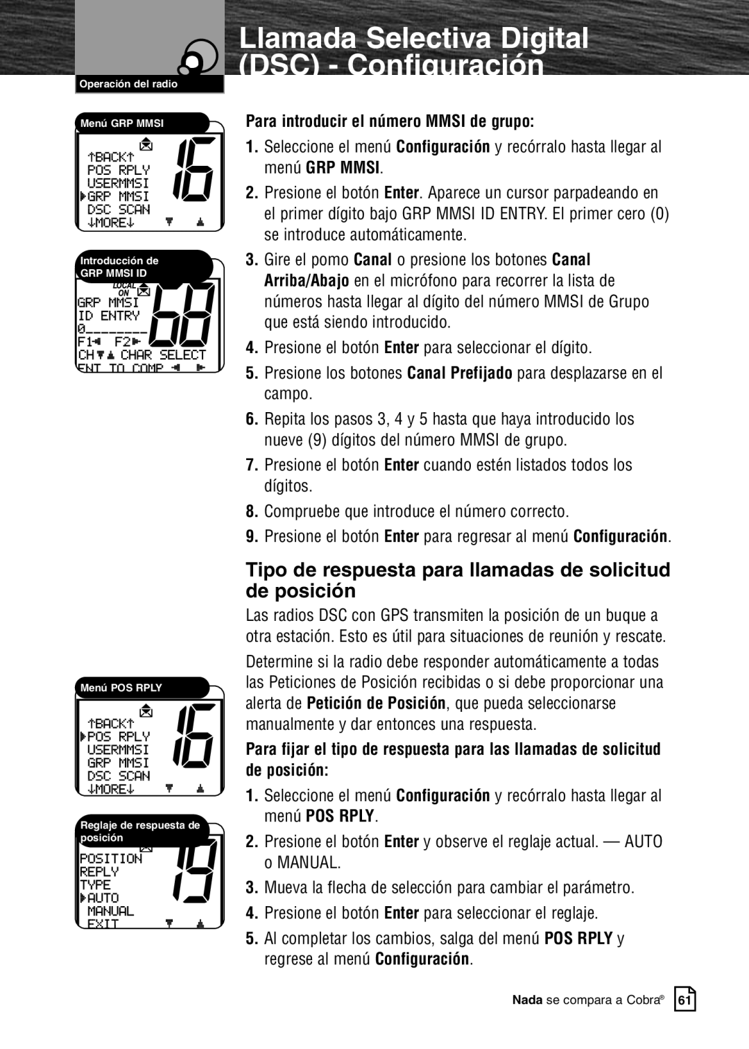 Cobra Electronics MR F80B warranty Tipo de respuesta para llamadas de solicitud de posición 