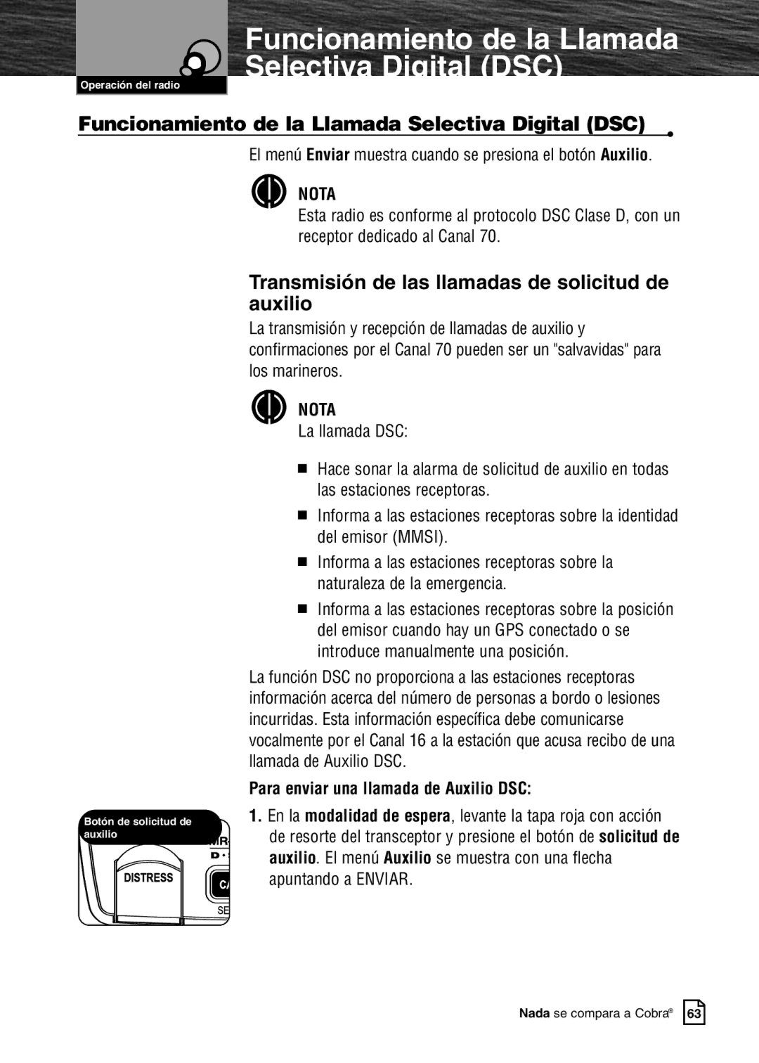 Cobra Electronics MR F80B Funcionamiento de la Llamada Selectiva Digital DSC, Para enviar una llamada de Auxilio DSC 