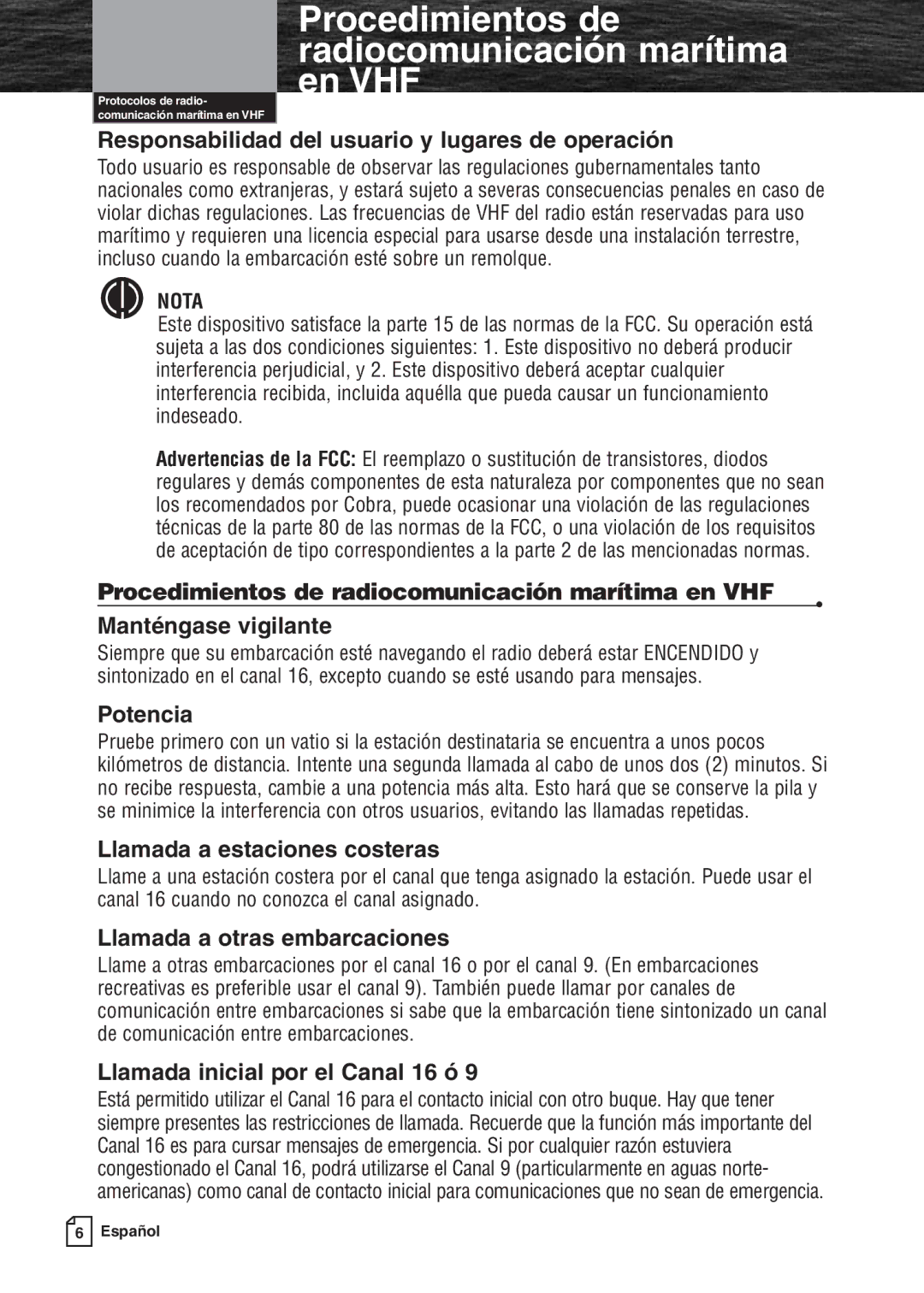 Cobra Electronics MR F80B warranty Procedimientos de radiocomunicación marítima en VHF 