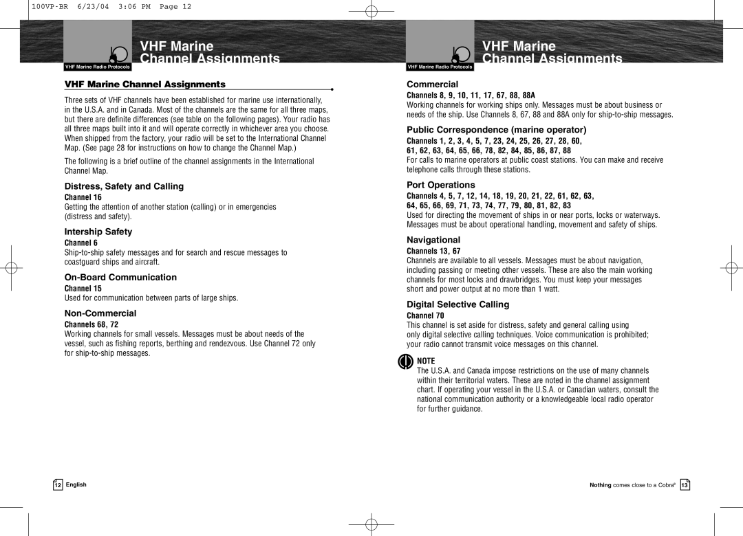 Cobra Electronics MR HH100 VP EU owner manual VHF Marine Channel Assignments 