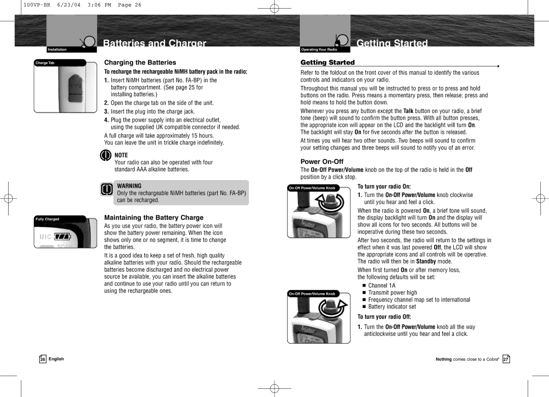 Cobra Electronics MR HH100 VP EU owner manual Batteries and Charger, Getting Started 