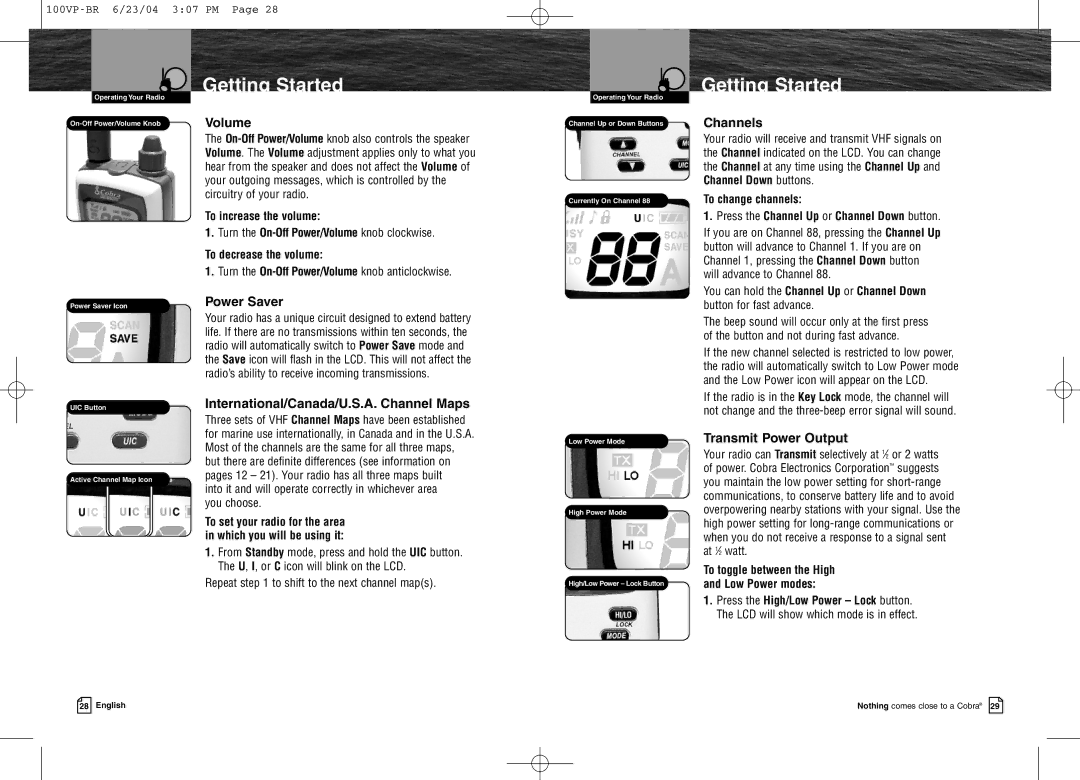 Cobra Electronics MR HH100 VP EU owner manual Volume, Power Saver, International/Canada/U.S.A. Channel Maps, Channels 