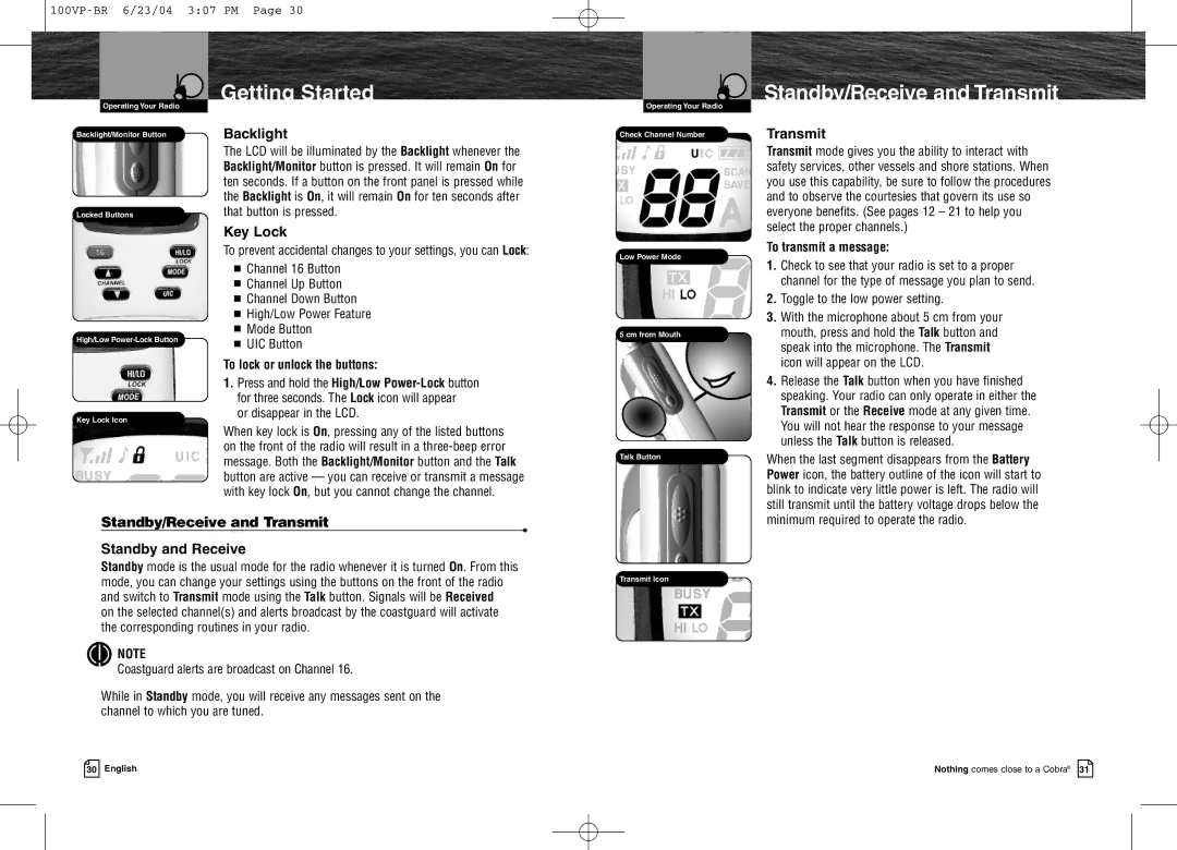 Cobra Electronics MR HH100 VP EU owner manual Standby/Receive and Transmit, Backlight, Key Lock 