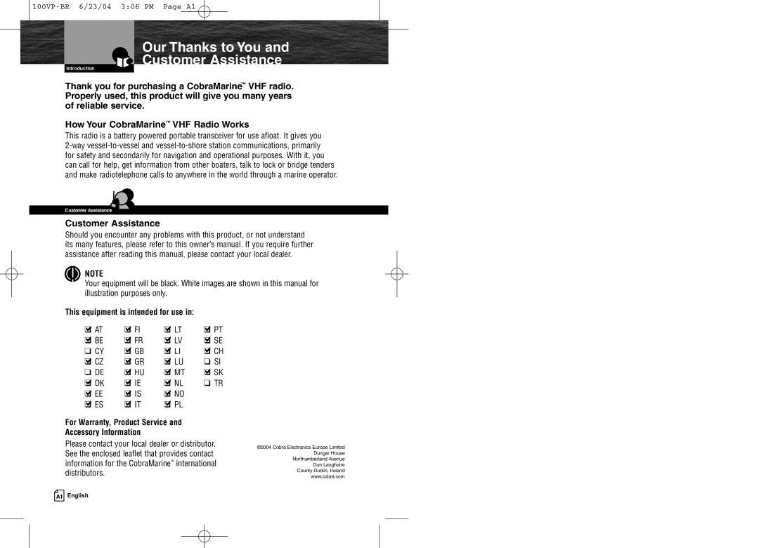 Cobra Electronics MR HH100 VP EU owner manual Customer Assistance, Αpt, For Warranty, Product Service Accessory Information 