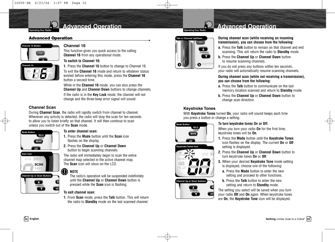 Cobra Electronics MR HH100 VP EU owner manual Advanced Operation, Channel Scan, Keystroke Tones 