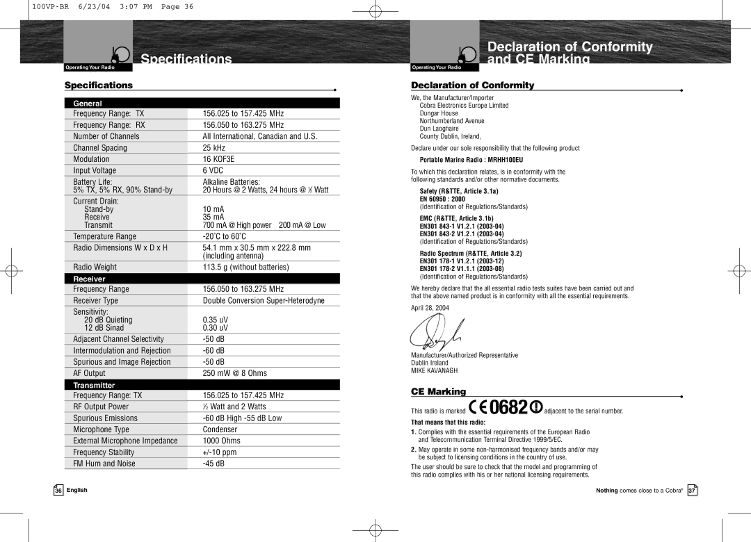 Cobra Electronics MR HH100 VP EU owner manual Specifications, Declaration of Conformity, CE Marking 