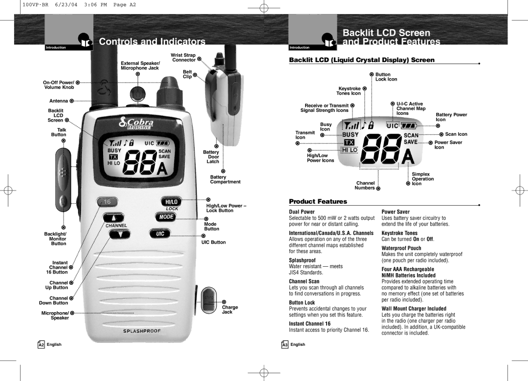 Cobra Electronics MR HH100 VP EU owner manual Controls and Indicators, Backlit LCD Screen Product Features 