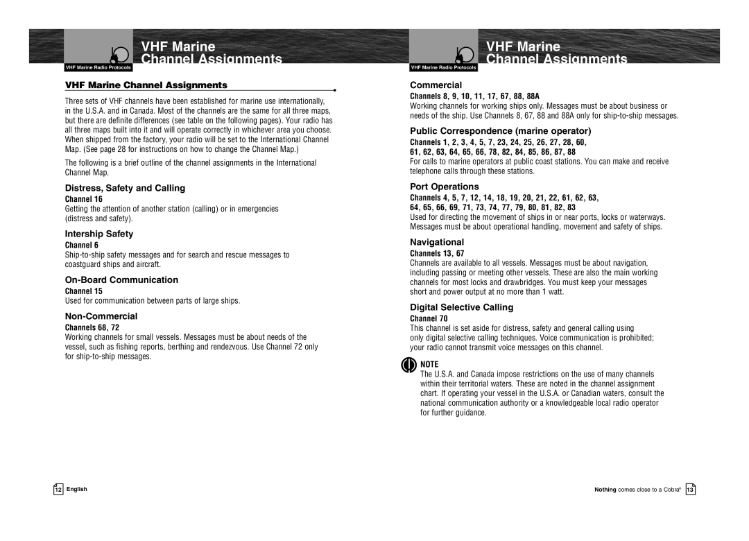 Cobra Electronics MR HH100 VP EU owner manual VHF Marine Channel Assignments 