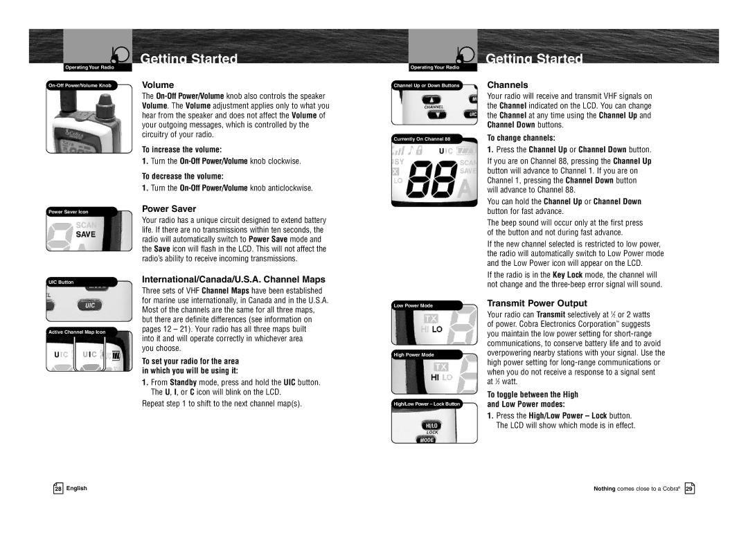 Cobra Electronics MR HH100 VP EU owner manual Volume, Power Saver, International/Canada/U.S.A. Channel Maps, Channels 