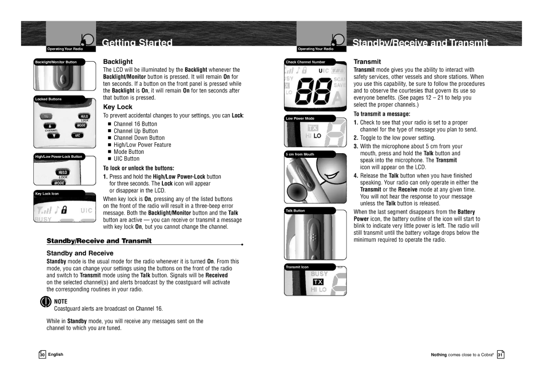 Cobra Electronics MR HH100 VP EU owner manual Standby/Receive and Transmit, Backlight, Key Lock 