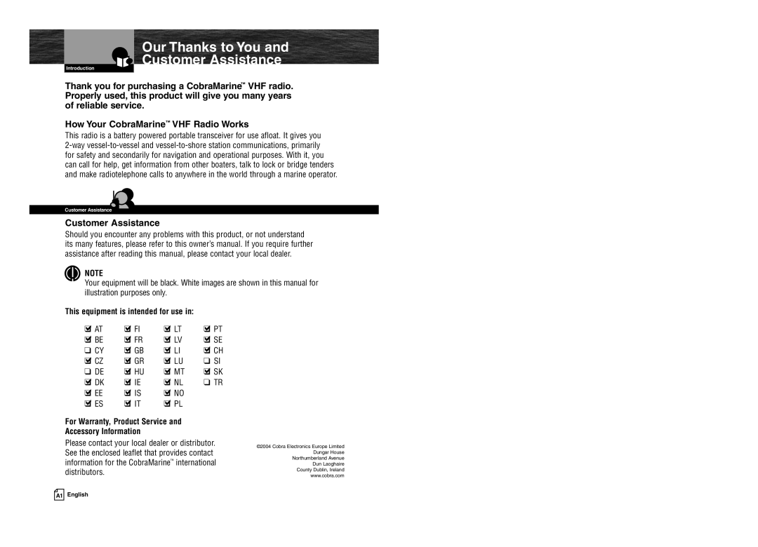 Cobra Electronics MR HH100 VP EU owner manual Customer Assistance, Αpt, For Warranty, Product Service Accessory Information 