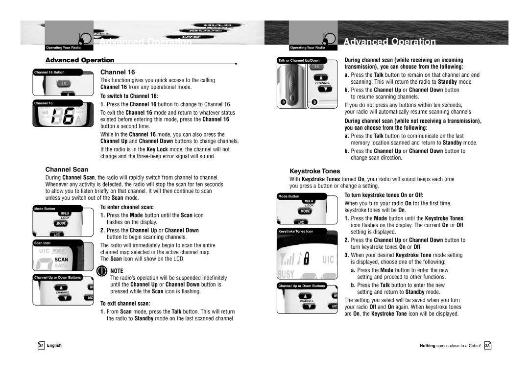 Cobra Electronics MR HH100 VP EU owner manual Advanced Operation, Channel Scan, Keystroke Tones 