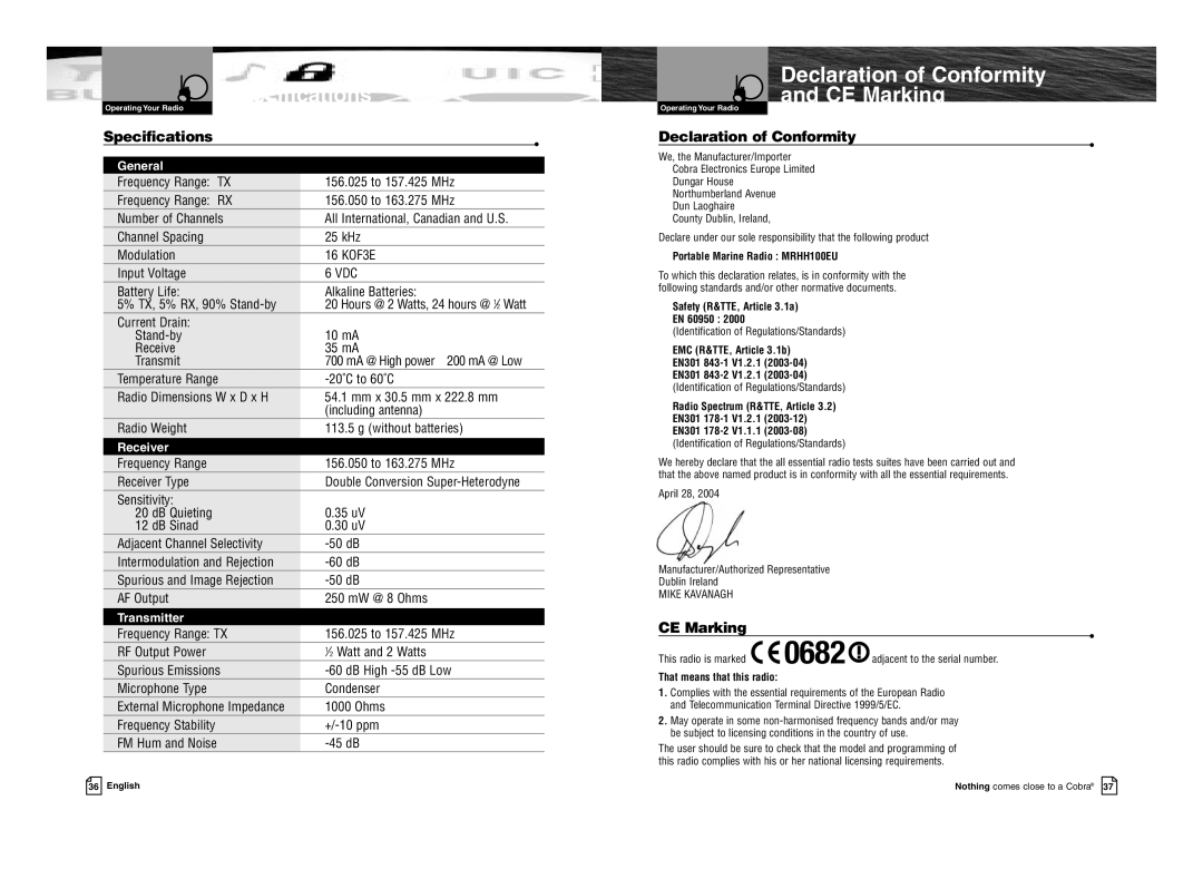 Cobra Electronics MR HH100 VP EU owner manual Specifications, Declaration of Conformity, CE Marking 