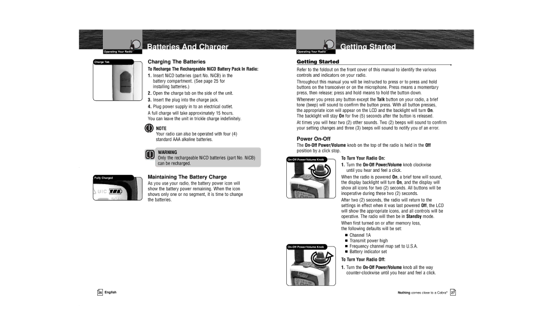 Cobra Electronics MR HH100 VP owner manual Batteries And Charger, Getting Started 