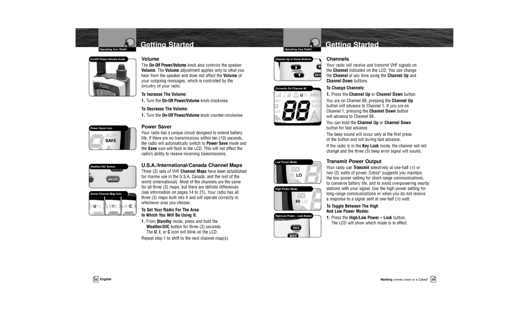 Cobra Electronics MR HH100 VP Volume, Power Saver, A./International/Canada Channel Maps, Channels, Transmit Power Output 