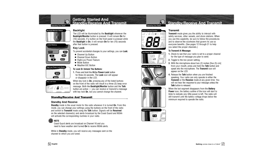 Cobra Electronics MR HH100 VP owner manual Standby/Receive And Transmit, Backlight, Key Lock 