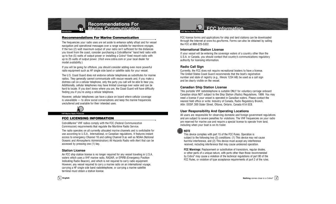 Cobra Electronics MR HH100 VP owner manual Recommendations For Marine Communication, FCC Information 