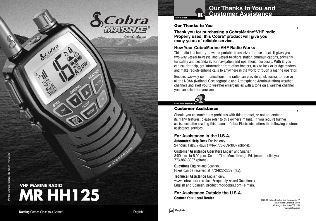 Cobra Electronics MR HH125 owner manual Our Thanks to You Customer Assistance, For Assistance Outside the U.S.A 