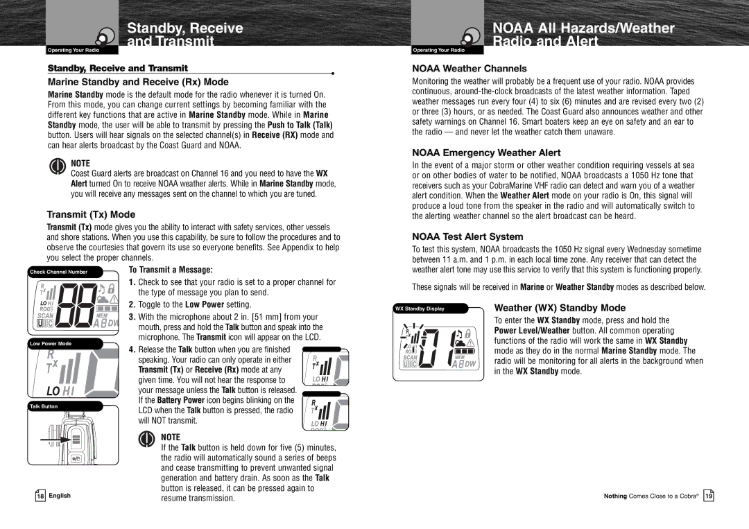 Cobra Electronics MR HH125 Standby, Receive Transmit, Noaa All Hazards/Weather Radio and Alert, Transmit Tx Mode 