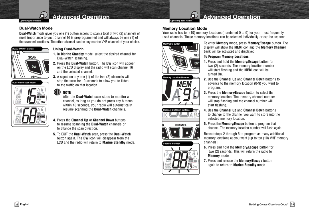 Cobra Electronics MR HH125 Dual-Watch Mode, Memory Location Mode, Using Dual-Watch, To Program Memory Locations 