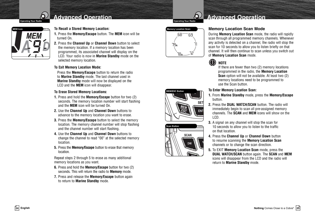 Cobra Electronics MR HH125 Memory Location Scan Mode, To Recall a Stored Memory Location, To Erase Stored Memory Locations 