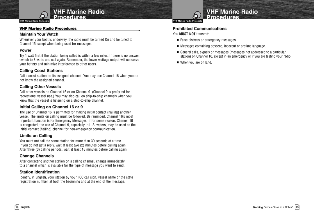 Cobra Electronics MR HH125 owner manual VHF Marine Radio Procedures 