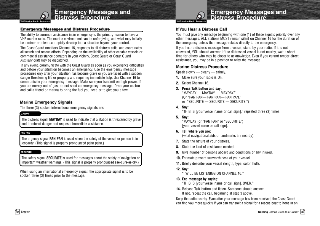 Cobra Electronics MR HH125 Emergency Messages Distress Procedure, Marine Emergency Signals, If You Hear a Distress Call 