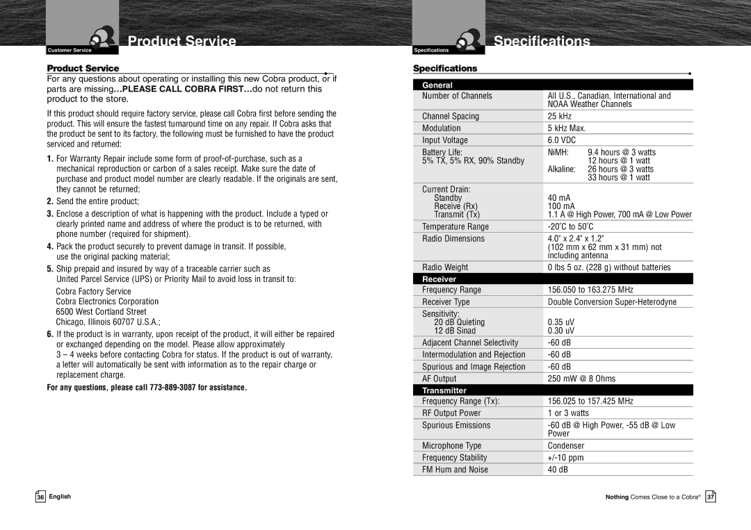 Cobra Electronics MR HH125 Product Service, Specifications, For any questions, please call 773-889-3087 for assistance 