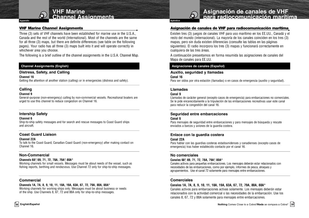 Cobra Electronics MR HH125 owner manual VHF Marine Channel Assignments, Canal 22A 