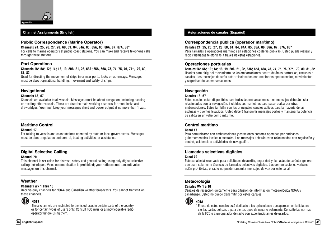 Cobra Electronics MR HH125 owner manual Channels 13, Channels Wx 1 Thru, Canales 13, Canales Wx 1 a 