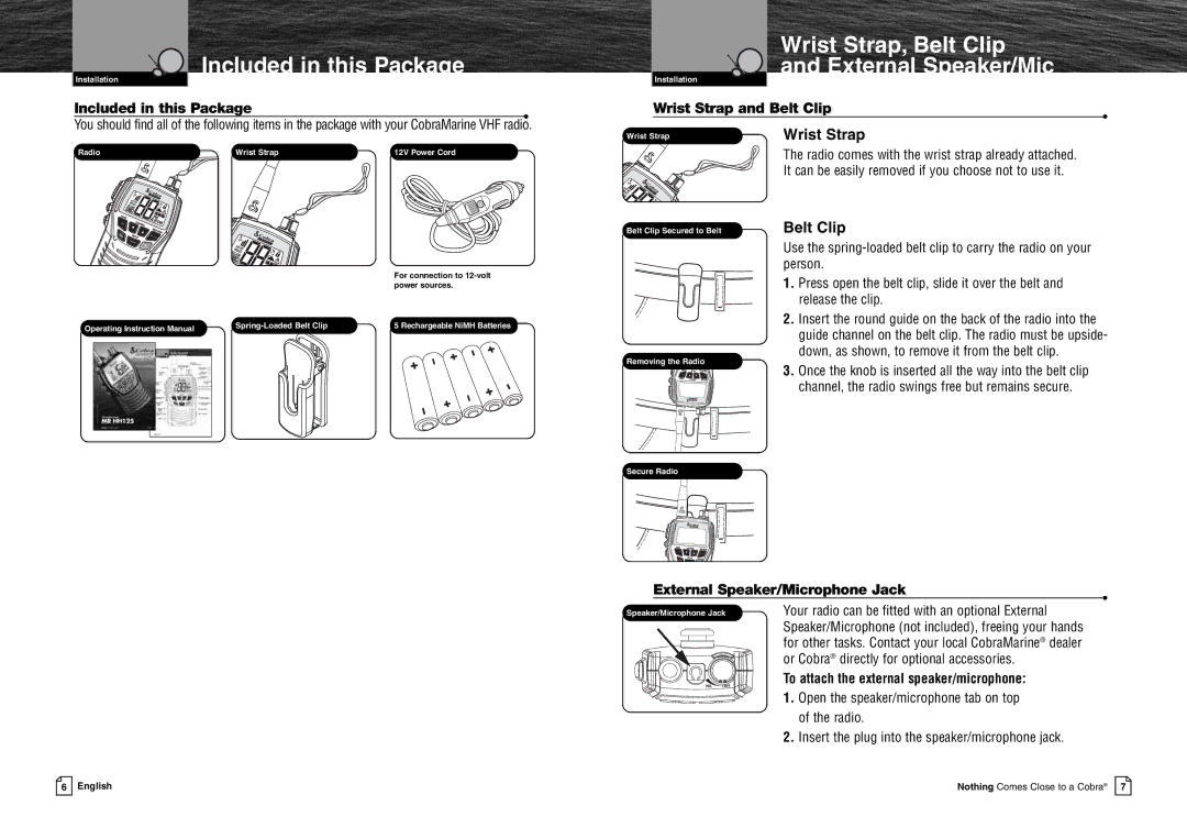 Cobra Electronics MR HH125 owner manual Included in this Package, Wrist Strap, Belt Clip External Speaker/Mic 